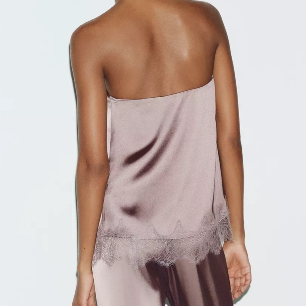 Satin Effect Lace Top, Brown/Taupe, Zara, M, NWT - Picture 4 of 8